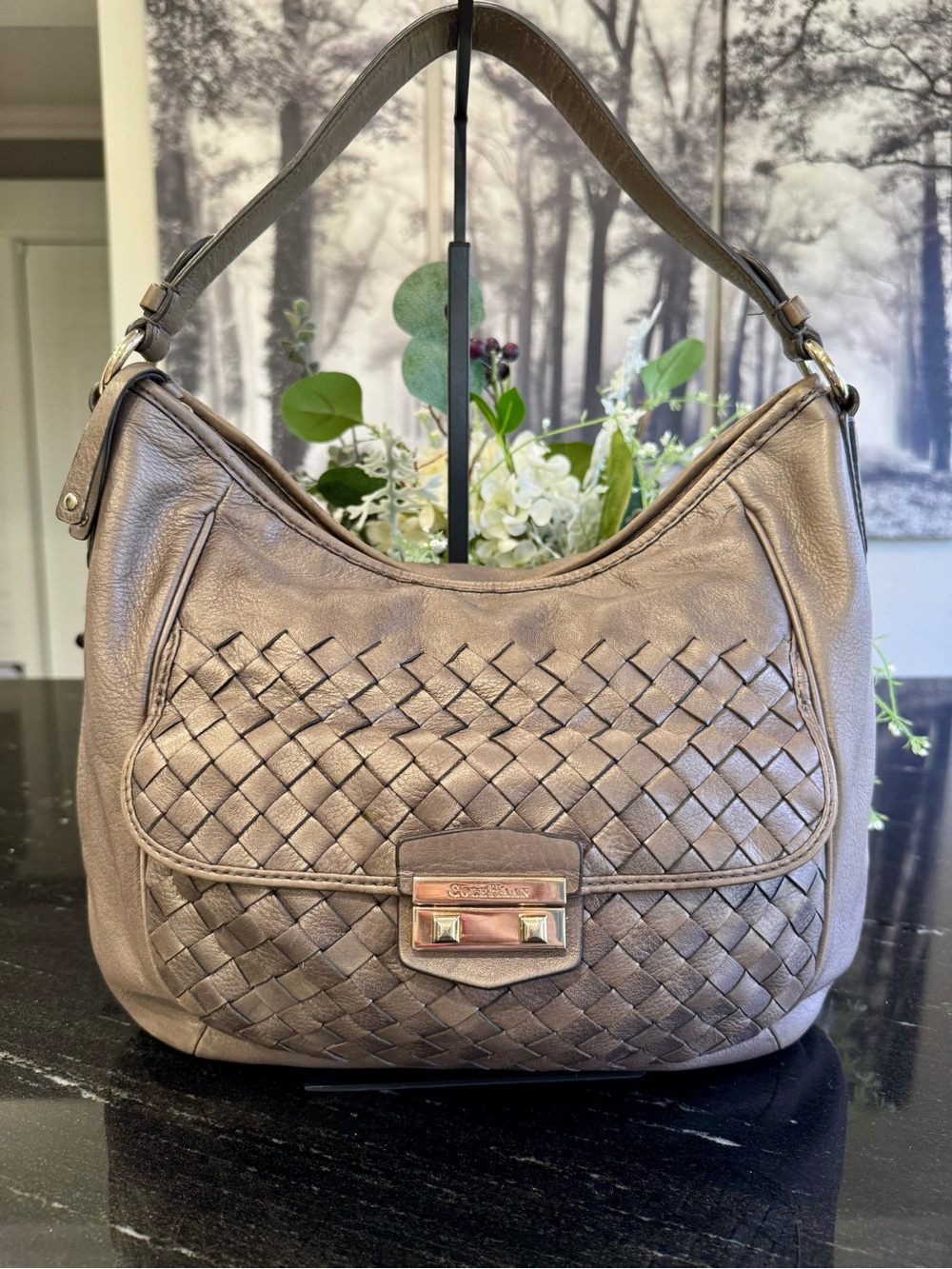 Cole Haan Metallic Pewter Woven Flap Pocket Tote / Large Shoulder Bag